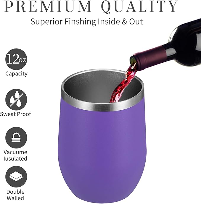 MEWAY 12oz/12 Pack Wine Tumbler Glasses with Lid -Double Wall Vacuum Stainless Steel Travel Tumbler Mug,Stemless Insulated Wine Cup for,Coffee,Cocktails,Gifts (Purple,Set of 12)