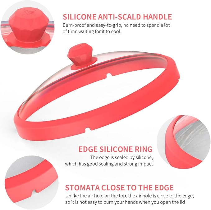 Microwave Glass Cover Splatter Guard Lid with Anti-scald Silicone Handles and Vented Edge for Food Pot Plate Cover 10.5 inch Red
