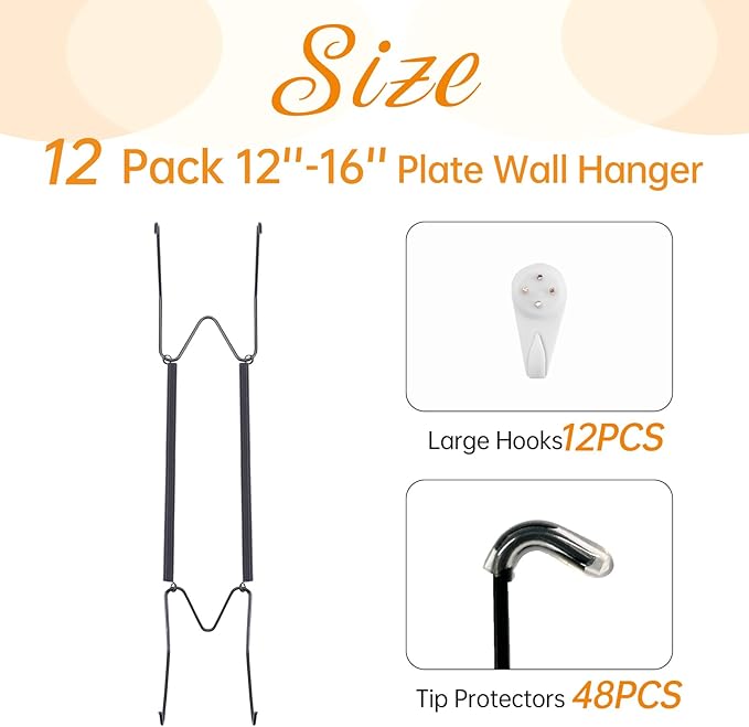 Bilillo 12 Pack Plate Hangers for The Wall, Suitable for 12-16 Inch Decorative Plate,Invisible Heavy Duty Wire Plate Holder with Wall Hooks, Plate Hangers for Displaying Plates, Platter, Dish (Black)