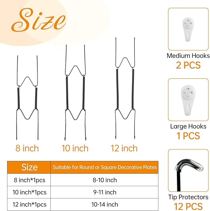 Bilillo 3-Piece Stainless Steel Wall Plate Hangers, 8/10/12 Inch Invisible Decorative Wire Plate Holders with 3 Pieces Wall Hooks for 8 to 14 Inch (Black)