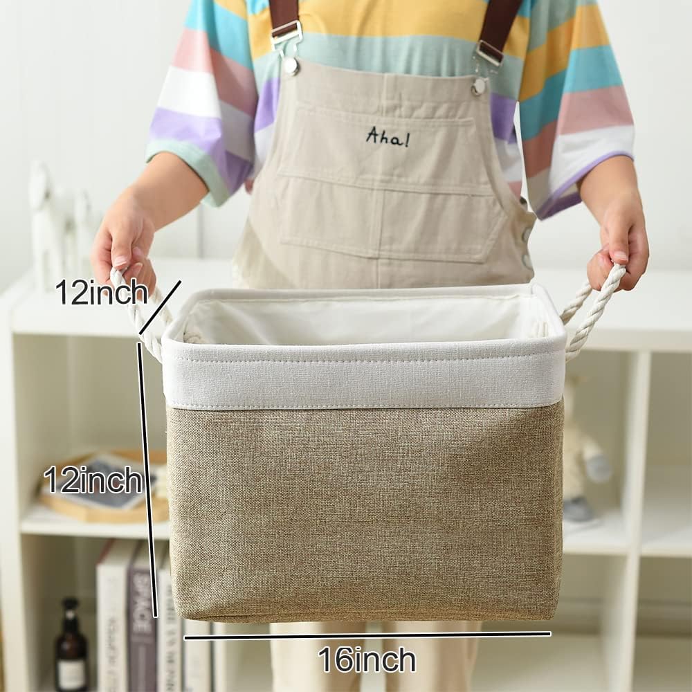 TcaFmac Organization and Storage Basket for Shelves - 16x12x12 inch Large 2 Pack Collapsible Storage Bins for Organization, Fabric Storage Cubes for Box Cloth Toy Books Kids (White & Khaki)