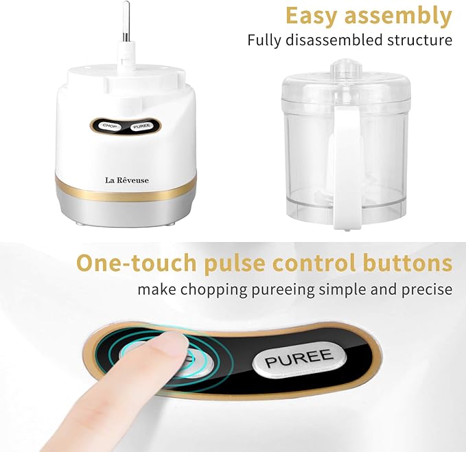 La Reveuse Electric Mini Food Processor Small Chopper 200 Watts 2-Cup Prep Bowl for Mincing Chopping Grinding Blending Pureeing (White)