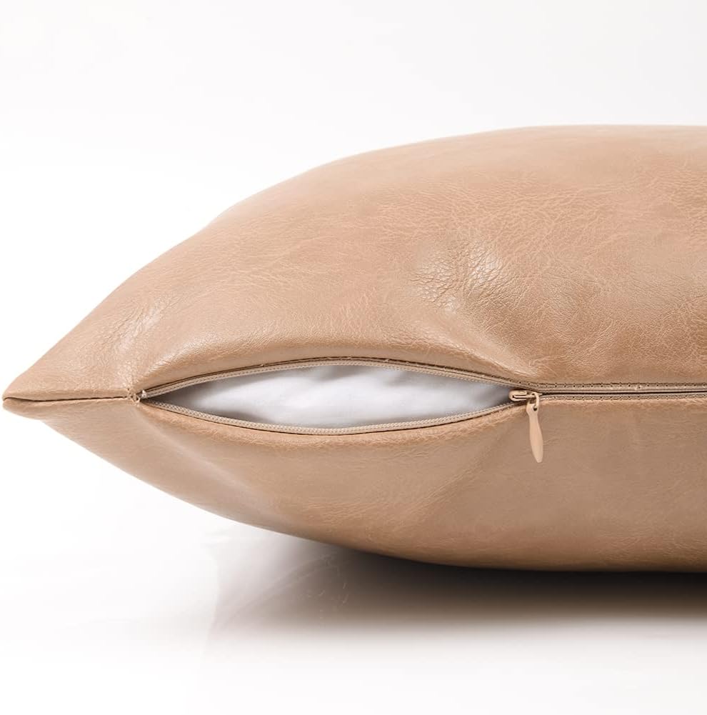 Fancy Homi Tan Long Lumbar Waterproof Faux Leather Decorative Throw Pillow Covers 14x24 Inch for Living Room Couch Bed, Beige Hand Stitched Cushion Case 35x60 cm, Taupe Modern Farmhouse Home Decor