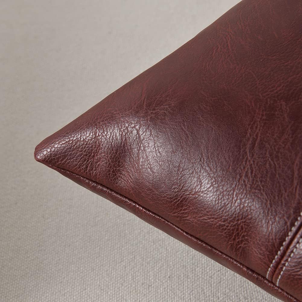 Fancy Homi Burgundy Long Lumbar Faux Leather Decorative Throw Pillow Covers 12x24 Inch for Living Room Couch Bed, Modern Farmhouse Boho Home Decor, Wine Red Hand Stitched Cushion Case 30x60 cm