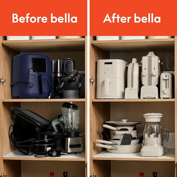 bella 4Qt Slim Air Fryer, Fits-anywhere™ Kitchenware, EverGood™ Ceramic Nonstick Coating, Adjustable Temperature, 6 Preset Cooking Options, 60 Min Auto Shutoff w Audible Tone, 3.3lb Capacity, Oatmilk