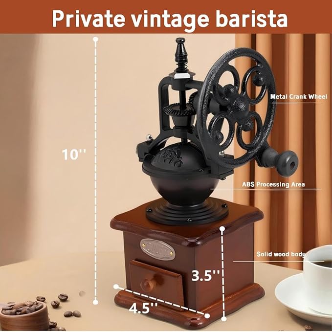 Wooden Manual Coffee Grinder Vintage Style Hand Coffee Mill Burr Coffee Grinder with Ceramic Hand Crank,Wooden Manual Coffee Grinder Cleaning Brush(Brown Ferris wheel style）