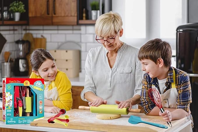 Baketivity 31 Pcs Kids Baking Set and Bake Away Kids Baking Cookbook Bundle | Kids Safe Nylon Knife and Real Baking Utensils Set | Best Little Baker Baking Book with Pictures and Cooking Tools Gift