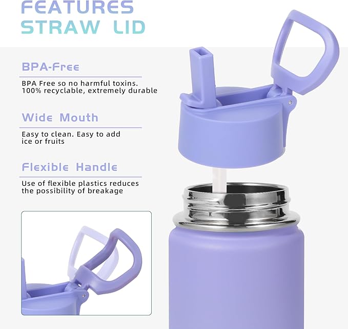 Volhoply 14oz KIds Water Bottle with Straw Lid and Silicone Boot Bulk 6 Pack,Stainless Steel Insulated Bottles for Boys & Girls Multipack,Double Wall Vacuum Leakproof Bottles(Purple Blue,6)