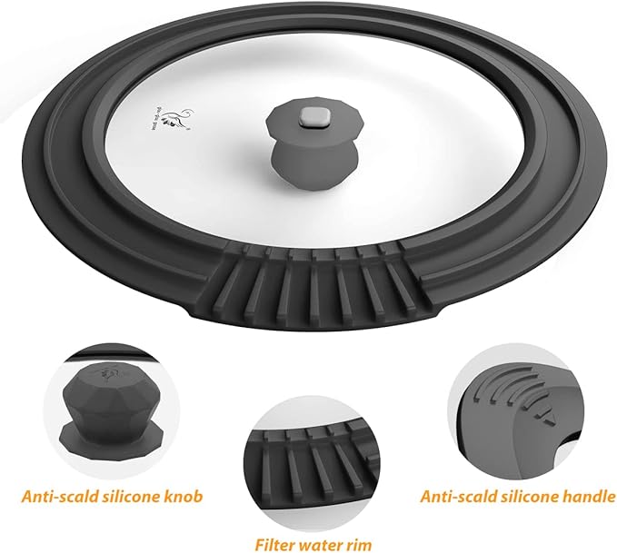 Tempered Strainer Lid for Stockpot Pot Pasta Pot Soup Pot with Heat Resistant Silicone Rim Glass Universal Pan Lids Pour Spout Water Oil Microwave Safe Fit 6.5-7-7.5-8 inch Black