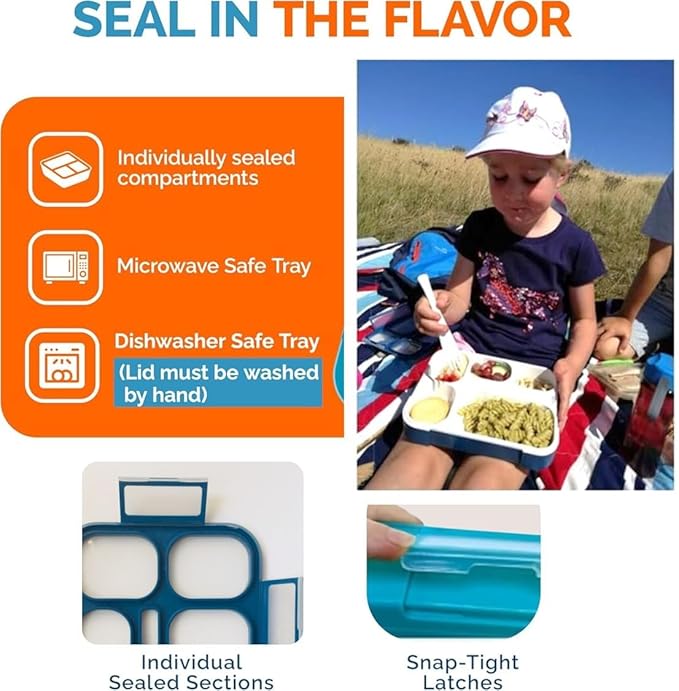 kinsho Lunch Boxes for Boys Teens Adults - Bento Box Set with Insulated Bag and Ice Pack, 6 Compartment Leak Proof Food Container, BPA-Free, Microwave Safe, Ideal for School & Work, Navy Blue
