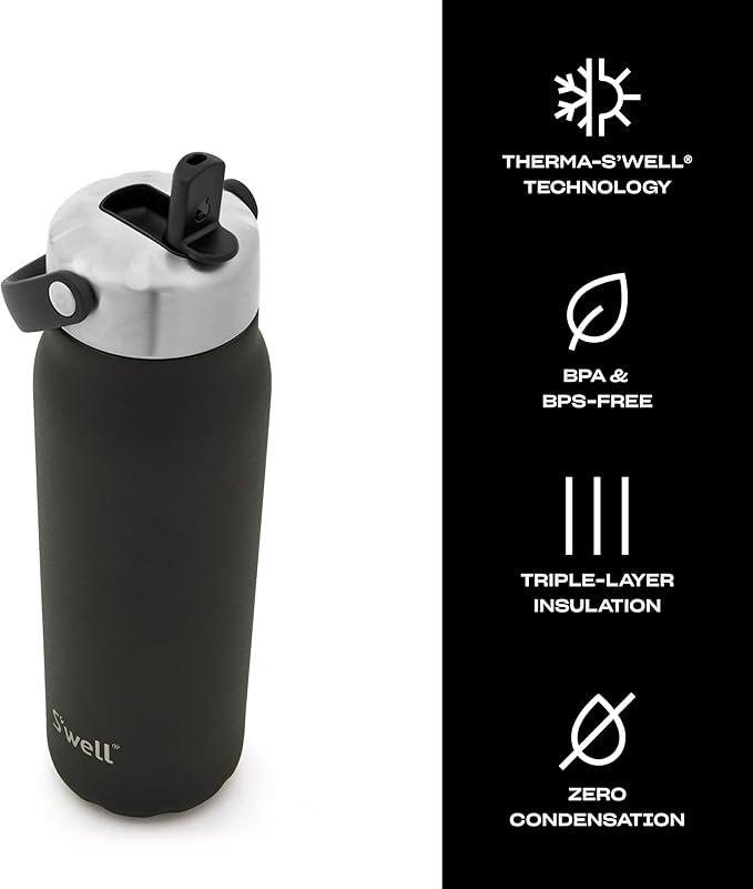 S'well Recycled Stainless Steel Explorer with Flip Straw Lid, 24oz, Onyx, Triple Layered Vacuum Insulated Containers Keeps Drinks Cold for 36 Hours and Hot for 8