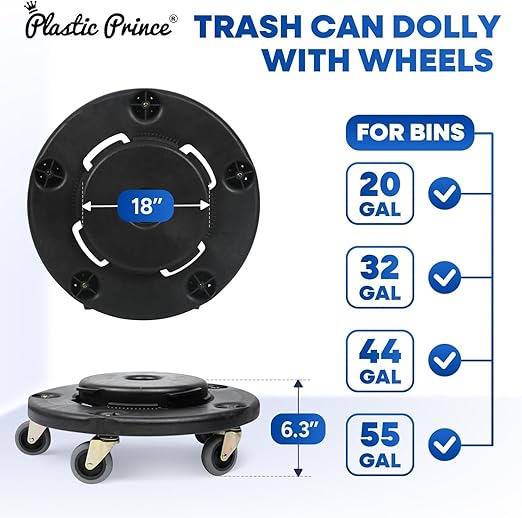 18" Trash Can Dolly with Wheels Black for 32 gal and 20 44 55 gal Brute Containers
