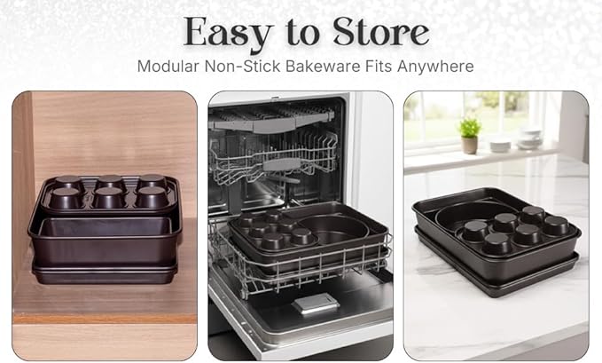 Nonstick Bakeware Set 8 Piece - Stackable Baking Pan Set, Oven safe 450°F, Carbon Steel Baking Set with Muffin, Loaf, Cookie Sheets & Roaster, Easy Storage, BPA-Free (Dark Brown)