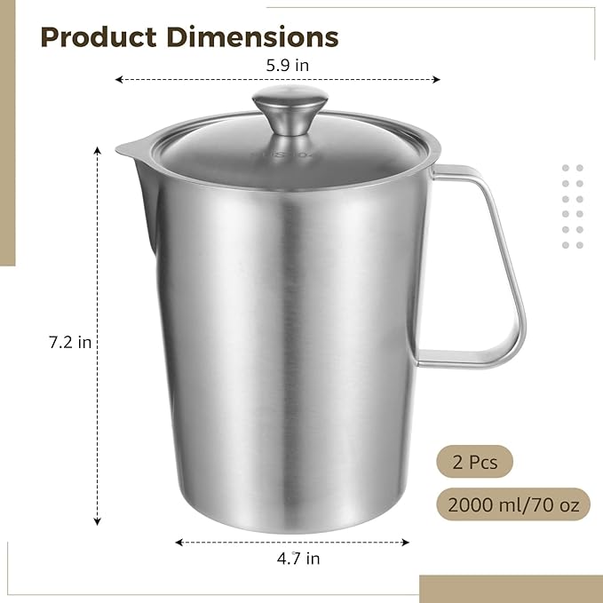 2 Pcs Stainless Steel Pitchers with Lids, 70 oz Measuring Cups with Dual-Scale Markings, Milk Frothing Jugs, Large Beakers for Espresso Machine, Hot/Cold Water, Latte Art, Iced Tea