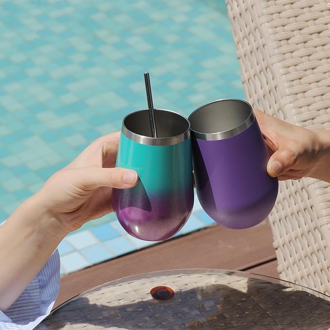 MEWAY 12oz Stainless Steel Wine Tumbler with Lid and Straw - Double Wall Stainless Steel Coffee Mug, Gift for Woman Under 10 dollars， 4 Pack Bulk tumblers(Purple,Set of 4)