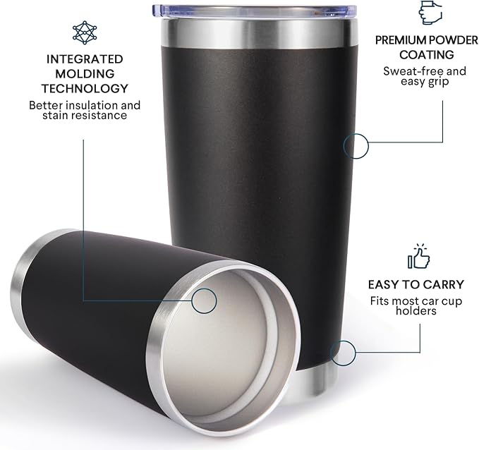 Volhoply 20oz Stainless Steel Tumbler with Lid and Straw Bulk 4 Pack,Double Wall Insulated Travel Iced Coffee Mug Fits Cup holder,Powder Coated Cups for Hot/Cold Drinks,Christmas Gifts（Black,4 Set）