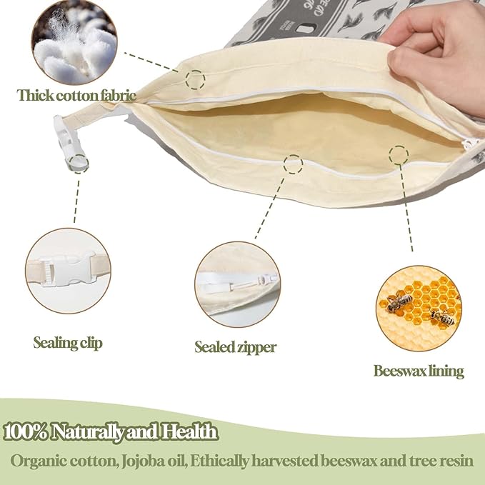 2 PCS Bread Bag - Reusable Beeswax Bread Bags,with Beeswax Lining,with Sealed Zipper Lining,Double Locking,Keep Food Fresh - Freezer Storage Bags for Baking enthusiasts Lovers