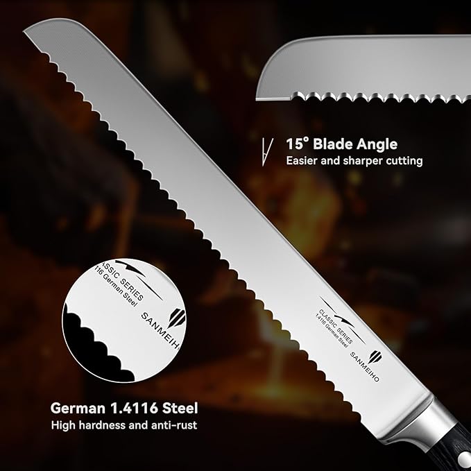 8" Bread Knife - Sourdough Cake Knife Professional 5Cr15MoV Stainless Steel Serrated Knives, Ergonomic Wood Handle & Full Tang Design, Gift Box Included(Single-Edge)