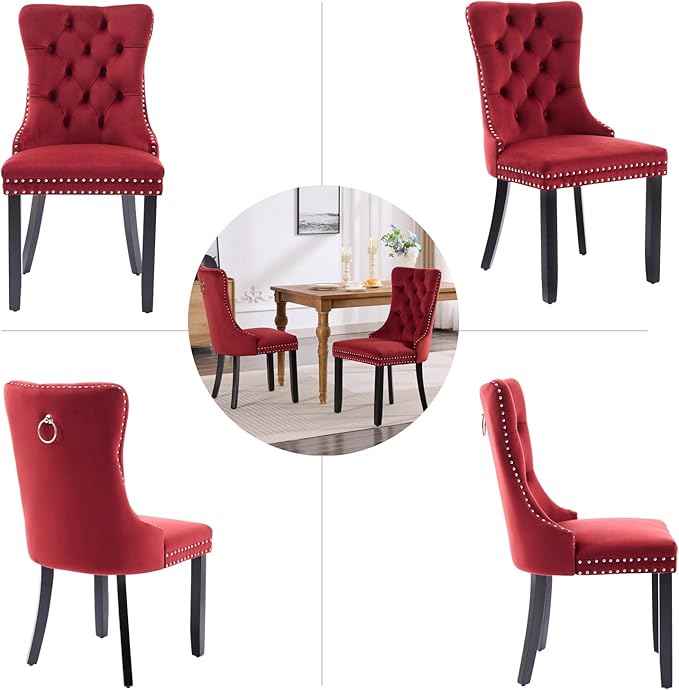 Velvet Dining Chairs Set of 6, Upholstered Dining Room Chairs with Back Ring Pull Trim and Solid Wood Legs,Tufted Wingback Kitchen Chairs for Dining Room,Kitchen(Wine Red)
