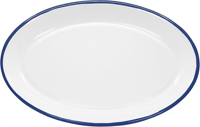 Red Co. Enamelware Metal Classic 13" Serving Oval Tray Platter, Solid White/Navy Blue Rim