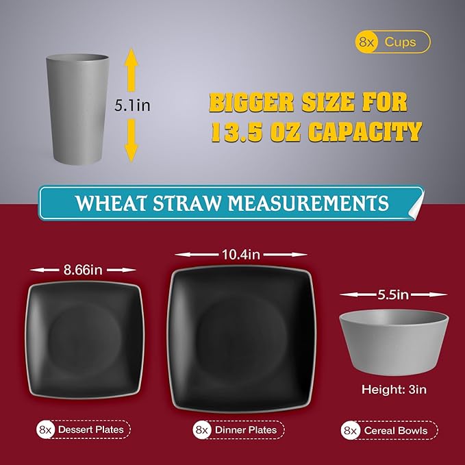 Teivio 32-Piece Kitchen Plastic Wheat Straw Squircle Dinnerware Set for 8, Unbreakable Dinner Plates, Salad Plates, Square Cereal Bowls, Cups 13.5 oz, Dishwasher Safe,Gray Ombre