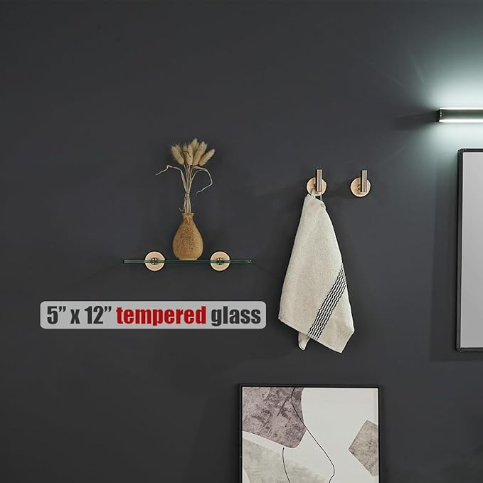 JQK Bathroom Glass Shelf, Tempered Glass Shower Storage 12 by 5 inches, 304 Stainless Steel Champagne Bronze Wall Mount, TGS101L12-CB