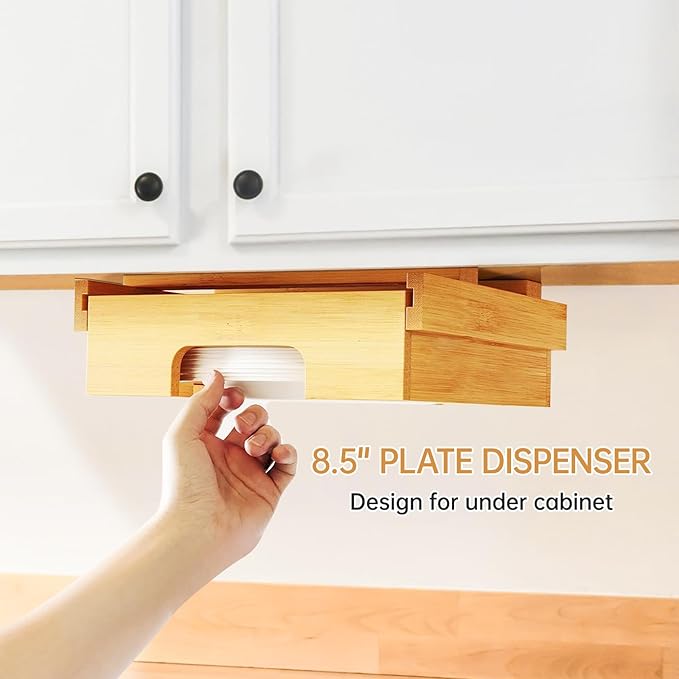 Paper Plate Dispenser - 9 inch Bamboo Paper Plate Dispenser Under Cabinet, Kitchen Counter Vertical Paper Plate Holder Organizer Countertop Caddy (Bamboo)