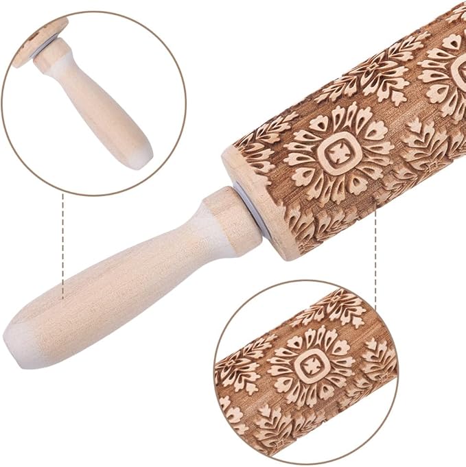 Embossed Wooden Rolling Pin Flower Print 35cm Rolling Pin for Baking Biscuits 3D Pattern DIY Kitchen Tool Baking Accessories Homemade Bakery Pastry Cookie Fondant Dough Pizza