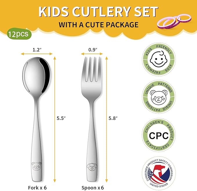 DEHOV Toddler Eating Utensils Set,Set Of 12 Food Grade Stainless Steel Silverware Sets For Kids,Dishwasher Safe Children Small Metal Spoons And Forks Flatware Sets