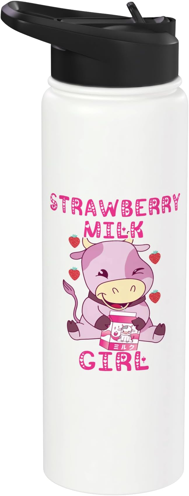 Strawberry Milk Girl Japanese Strawberry Shake Cute Pink Cow Stainless Steel Insulated Water Bottle