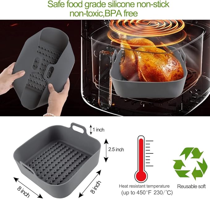 2PCS Air Fryer Silicone Liners 8 Inch Square Food Safe Non-Stick Air fryers Basket Oven Accessories, Reusable Replacement of Flammable Parchment Liner Paper Fits above 6 QT Square Air Fryers