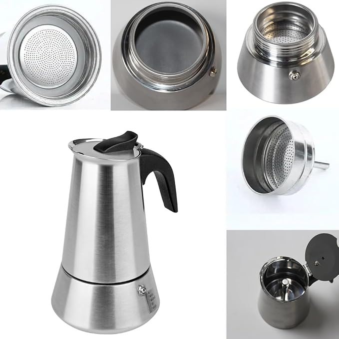 4 Cup Stovetop Espresso Maker Matte Stainless Steel Moka Pot Italian and Cuban Mocha Coffee Maker, Compatible with Gas, Electric, Ceramic, and Induction stovetops(6.6 fl oz/200 ml)
