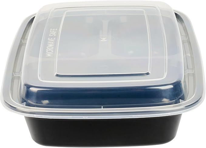 Restaurantware-Asporto 26 Ounce Compartment Take Out Boxes, 50 Microwavable Meal Prep Containers - 3 Compartments, With Clear Plastic Lids, Black Plastic Food Containers, Do Not Contain BPA