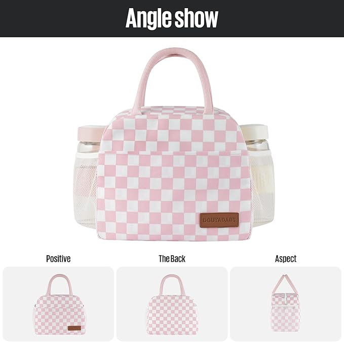 douyadady Lunch Bag Women/Men Lunch Box Women/Men (Pink+White Checkerboard)
