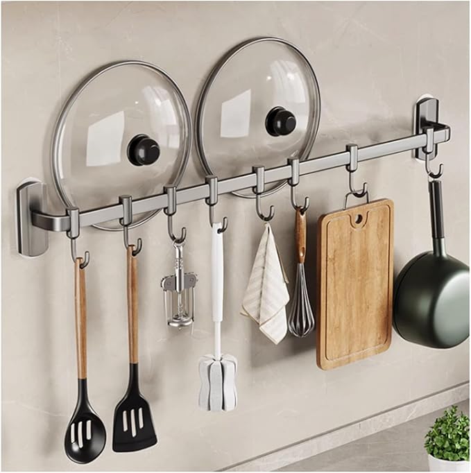 Kitchen Hooks Rail with 8 Adjustable Hooks, Aluminum, 100% Aluminum, Modern, Minimalist, Wall Mount, Kitchen Utensil Rack, Grey, 45cm