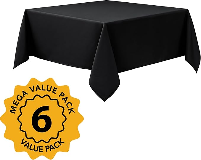 6-Pack Black Tablecloths for Square Tables, 54 x 54 Inches, Stain-Resistant Polyester Fabric for 2 Foot Tables - Washable Table Covers for Weddings, Banquets, Birthday Parties, Events