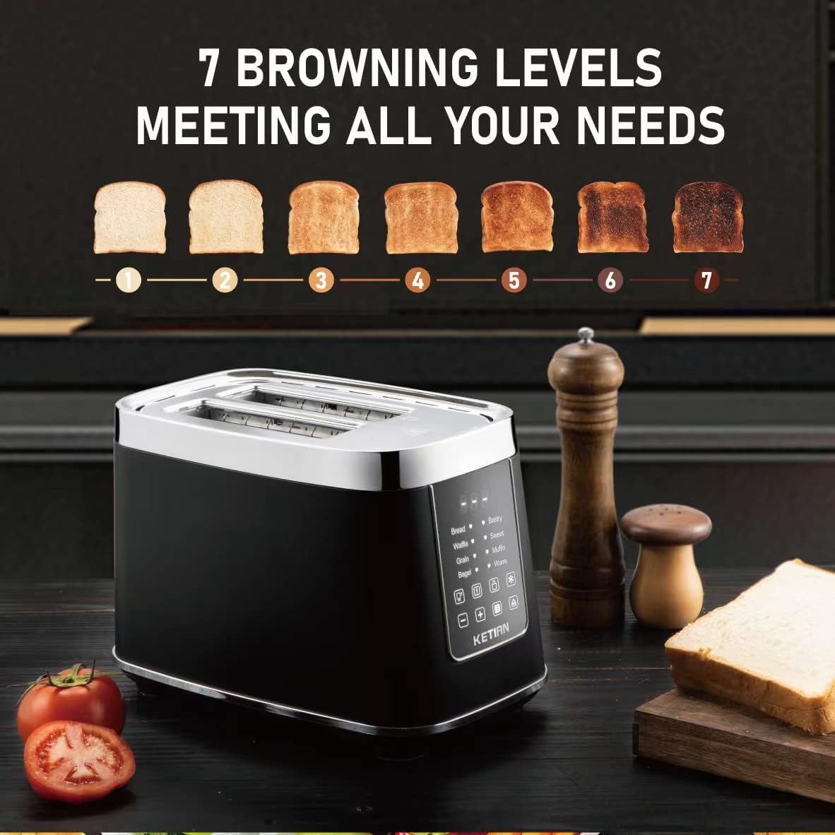 Smart Toaster Touchscreen, KETIAN Automatic Electric Digital Toaster 2 Slice, 7 Browning Settings, Preset Modes for 7 Types of Bread, 1400W