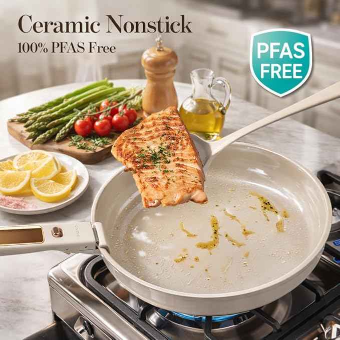 CAROTE 18Pcs Ceramic Cookware Set with Detachable Handle, Pots and Pans Set Non Stick, Non Toxic Cookware Set Removable Handles, Induction Kitchen Cookware Sets, Dishwasher/Oven Safe