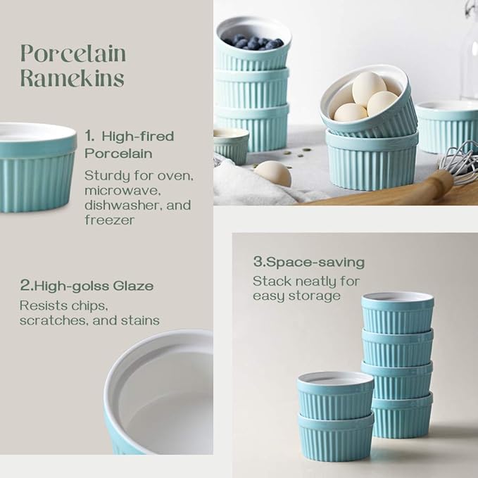 DOWAN 8 oz Ramekins - Ramekins for Creme Brulee Porcelain Ramekins Oven Safe, Classic Style Ramekins for Baking Souffle Ramekins Ramekins Bowls, Set of 6, Blue