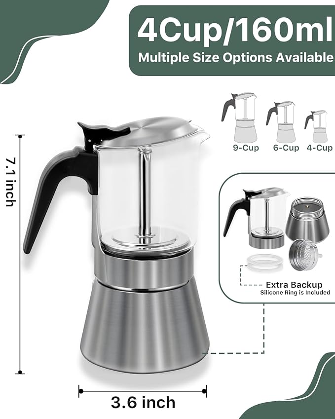 Grasseed Crystal Glass-Top Moka Pot, Polished Stainless Steel Stovetop Espresso Maker for Italian Coffee, Gift for Coffee Lovers - 4 Cup/160ml/5.6oz