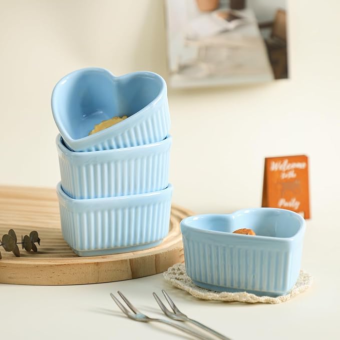 Sizikato Heart-Shaped Porcelain Souffle Dishes, Ramekins - 3.5 Inches for Souffle, Creme Brulee and Dipping Sauces - Set of 4