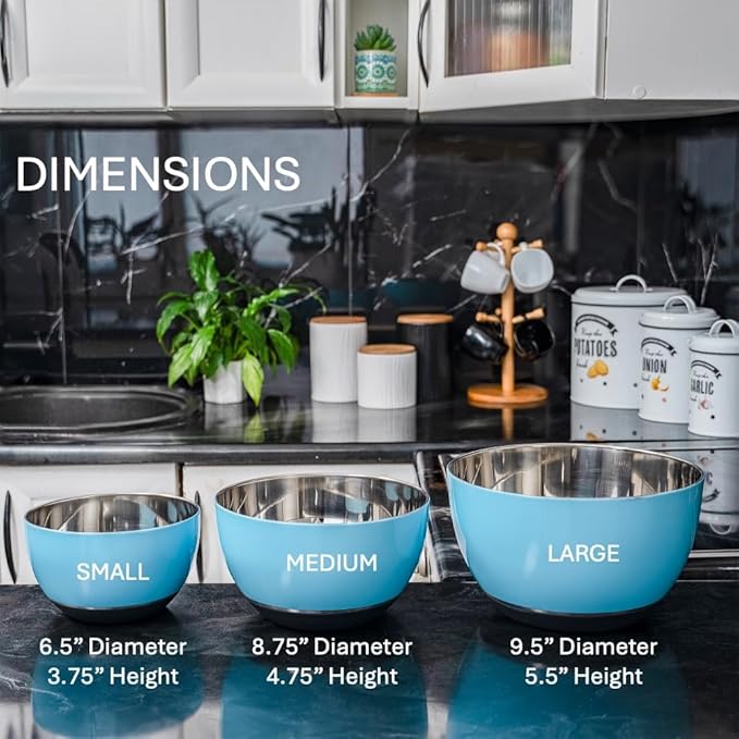 WHYSKO® Stainless Steel Mixing Bowls (Set of 3) with Non-Slip Silicone Base for Kitchen, Dishwasher Safe Bowls for Meal Prep, Cooking, Baking, Serving, Food Storage (Light Blue)
