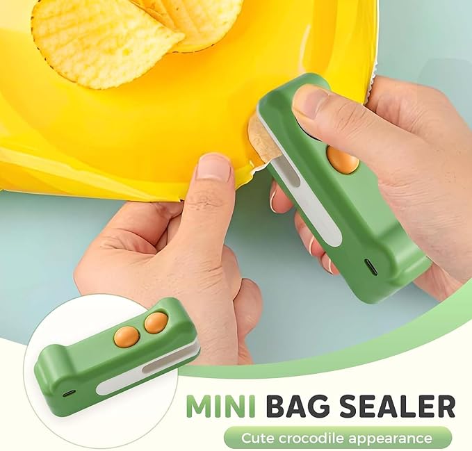 2-in-1 Mini Bag Sealer and Cutter, Rechargeable Handheld Food Storage Sealer with Magnet, Portable Crocodile Design for Chips and Snacks, Kitchen Storage Solution (Green)