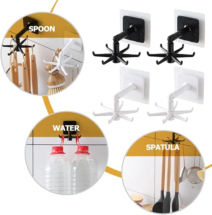 Healifty 4pcs Rotatable Kitchen Utensil Hooks Wall Hangers, Adhesive Under Cabinet Hook Set in Black and White, 360-degree Swivel Storage for Kitchen Organization and Easy Access