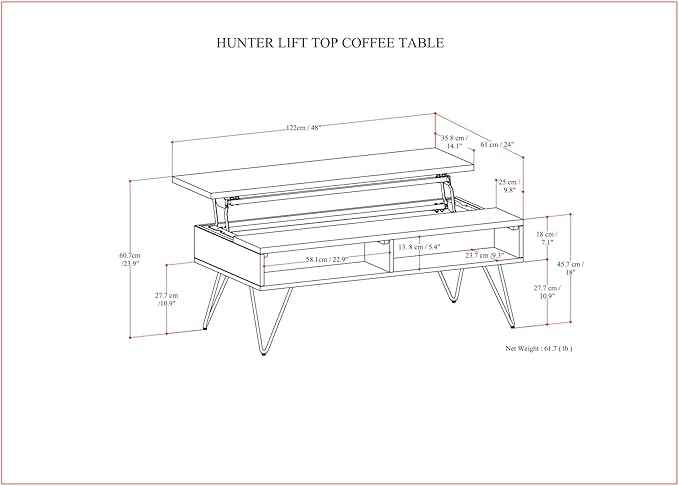 SIMPLIHOME Hunter Lift Top Coffee Table - 48 inch Wide Walnut Veneer and Metal Industrial Cocktail Table, Functional Living Room Table with 2 Storage Cubbies and Hairpin Legs