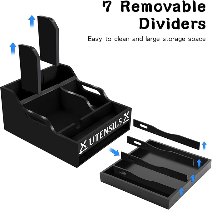 Large Kitchen Utensil Holder with Drawer Organizer, Bamboo Silverware Organizer for Countertop, Cutlery Tray with Dividers for Flatware Spoon Forks Knives Cooking Tool (Black)