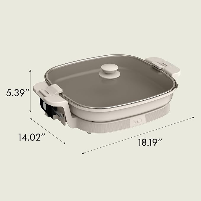 bella Make & Take XL Electric Skillet, Fits-anywhere™ kitchenware, EverGood™ Ceramic Coating, Adjustable Temperature & Dishwasher-Safe Tempered Glass Lid, Cast Aluminum Base, 1200 Watt, Oatmilk