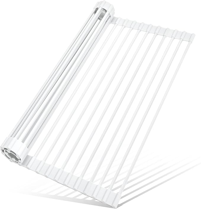 MERRYBOX Roll Up Dish Drying Rack, Silicone Wrapped Over The Sink Dish Rack Foldable Dish Drainer Anti-Slip Dish Racks for Kitchen Sink, Multipurpose Kitchen Sink Drying Rack, 17.5" x 13", White