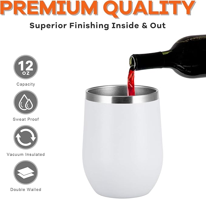 COMOOO 12oz Stainless Steel Wine Tumbler with Lid and Straw, Insulated Wine Tumbler Cup, Stemless Wine Glass Tumbler for Hot and Cold Drinks,Champagne, Cocktails, White, 4 Pack