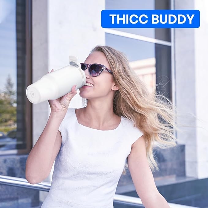 Frost Buddy Thicc Buddy - 16 oz Stainless Steel Vacuum Insulated Tumbler with Lid and Straw for Water - Travel Mug Cupholder Friendly - Gifts for Women Men Him Her (White)